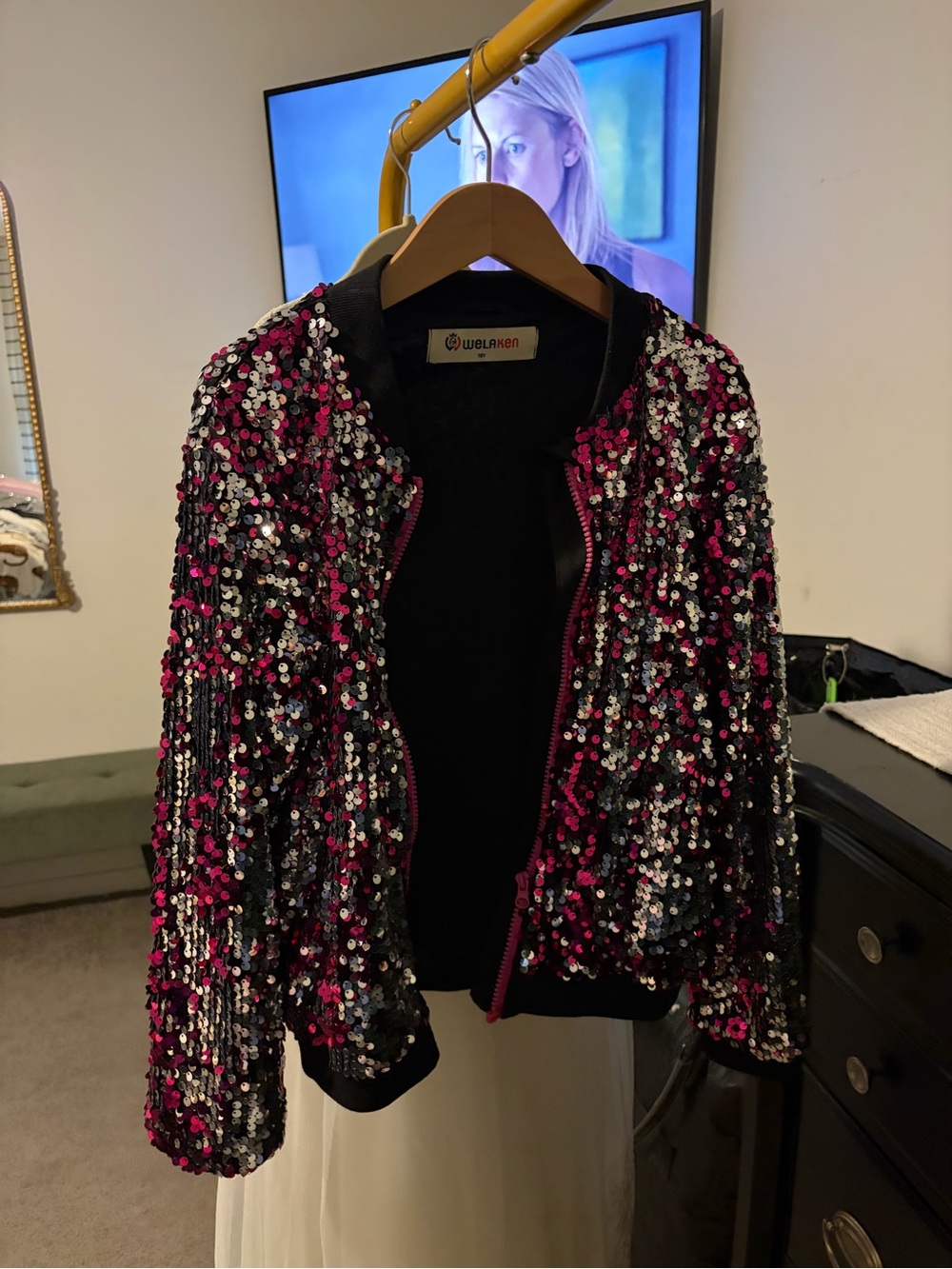 Kids size 10- Sequined Bomber Jacket - Black & Fuchsia -